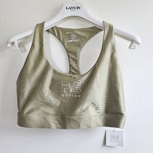 New P.E Nation Logo Scoopneck Racerback Metallic Green Sports Bra NWT Large